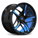 Custom forged monoblock 5-spoke wheel with blue inner barrel offset finish, precision-forged rim for sports and luxury cars.