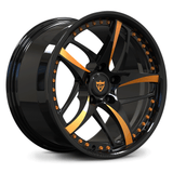 Custom forged monoblock 5-spoke wheel with bronze spoke accents, lightweight forged rim for performance cars like Corvette and Mustang.