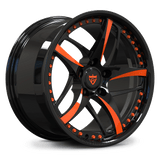 Custom forged monoblock 5-spoke wheel with orange spoke accents, lightweight forged rim for performance cars like Corvette and Mustang.