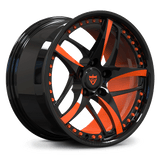 Custom forged monoblock 5-spoke wheel with orange inner barrel offset finish, precision-forged rim for sports and luxury cars.