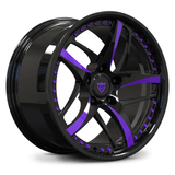 Custom forged monoblock 5-spoke wheel with purple spoke accents, lightweight forged rim for performance cars like Corvette and Mustang.