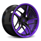 Custom forged monoblock wheel with full purple inner barrel, 5-spoke design for track builds, show cars, and daily drivers.