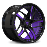 Custom forged monoblock 5-spoke wheel with purple inner barrel offset finish, precision-forged rim for sports and luxury cars.