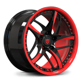 Custom forged monoblock wheel with full red inner barrel, 5-spoke design for track builds, show cars, and daily drivers.