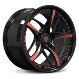 Custom forged monoblock 5-spoke wheel with rose gold spoke accents, lightweight forged rim for performance cars like Corvette and Mustang.