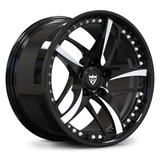 Custom forged monoblock 5-spoke wheel with white spoke accents, lightweight forged rim for performance cars like Corvette and Mustang.