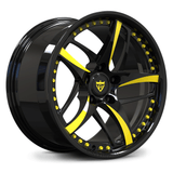 Custom forged monoblock 5-spoke wheel with yellow spoke accents, lightweight forged rim for performance cars like Corvette and Mustang.