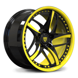 Custom forged monoblock wheel with full yellow inner barrel, 5-spoke design for track builds, show cars, and daily drivers.