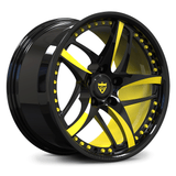 Custom forged monoblock 5-spoke wheel with yellow inner barrel offset finish, precision-forged rim for sports and luxury cars.