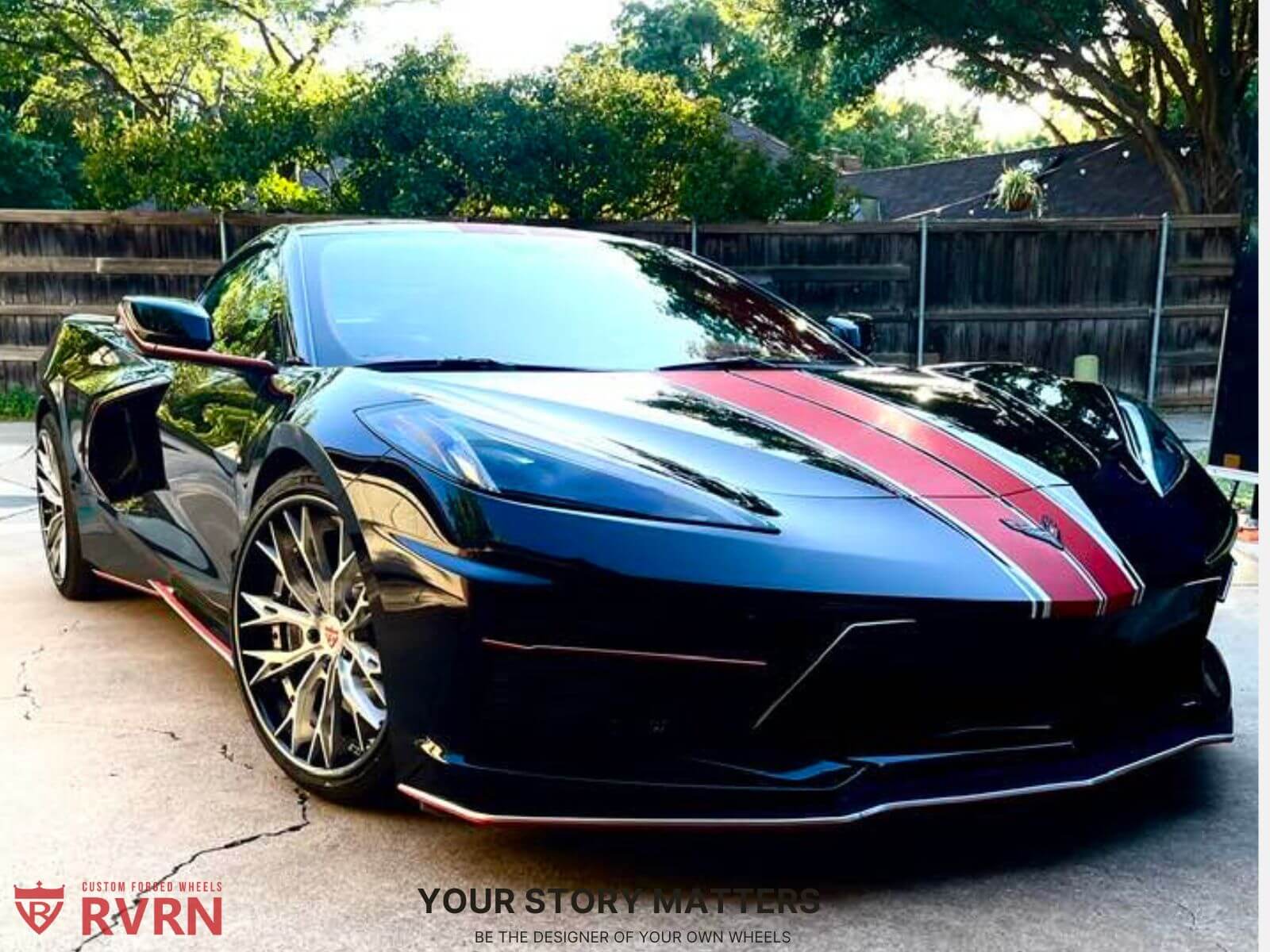 Side profile of 2024 Corvette C8 Z51 on RVRN RV-DC04 custom wheels, emphasizing fitment, brushed aluminum spokes, carbon flash metallic barrel, and RVRN red screws