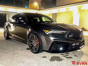 Dark grey 2025 Acura Integra Type S front three-quarter view on RVRN RV-MC65 forged wheels at night