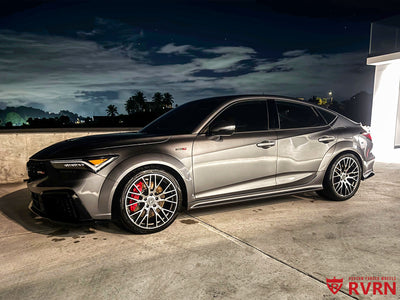 Close-up of RVRN RV-MC65 forged wheel on 2025 Integra Type S – high-gloss polished dark gun grey.