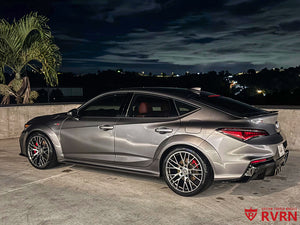 Silver 2025 Acura Integra Type S rear three-quarter view on RVRN RV-MC65 forged wheels at night
