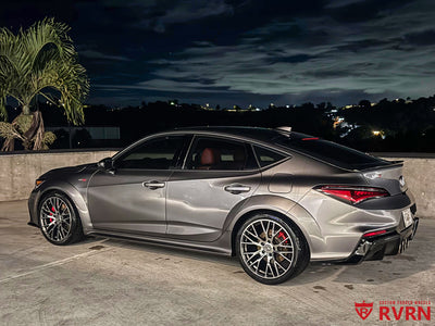 Rear fitment detail – Integra Type S running RVRN RV-MC65 19x10.5 +57.4mm polished gun grey wheels.