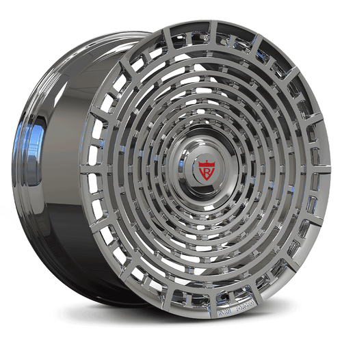 Custom forged monoblock chrome rim designed for Cadillac CT6, showcasing intricate pattern and high-quality finish.