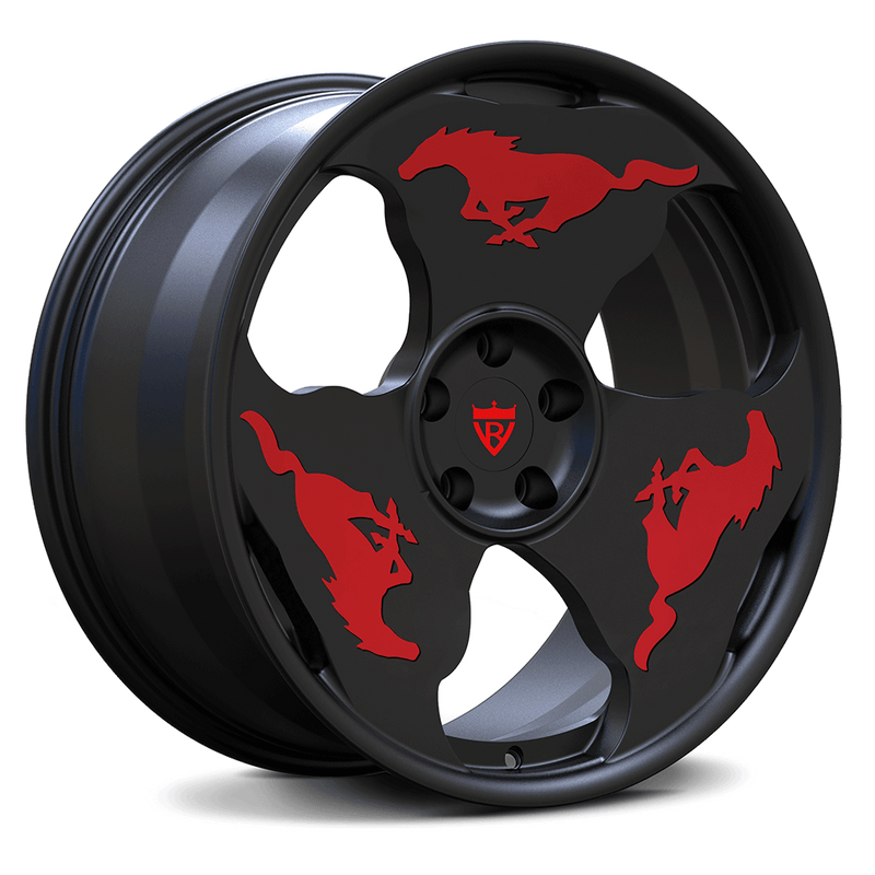 Custom forged monoblock wheel with red Mustang logo, designed for Ford Mustang vehicles and unique rim enthusiasts.