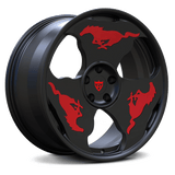 Custom forged monoblock wheel with red Mustang logo, designed for Ford Mustang vehicles and unique rim enthusiasts.