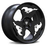 Custom forged monoblock wheel for Ford Mustang with unique design, featuring black finish and iconic Mustang logos.