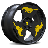 Custom forged monoblock wheel with black finish and yellow Ford Mustang logos, perfect for unique rims and custom applications.