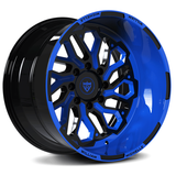 Custom blue and black forged monoblock wheel, Dodge Ram compatible, deep dish design with personalized engraving.