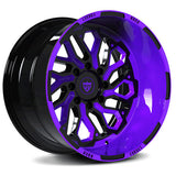 Custom purple and black forged monoblock wheel with intricate design for trucks, compatible with Dodge Ram and deep dish style.