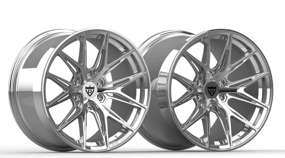 Pair of polished aluminum mesh RVRN RV-MH051 forged wheels side by side on a white background, 1990 Dodge Viper RT/10 custom set