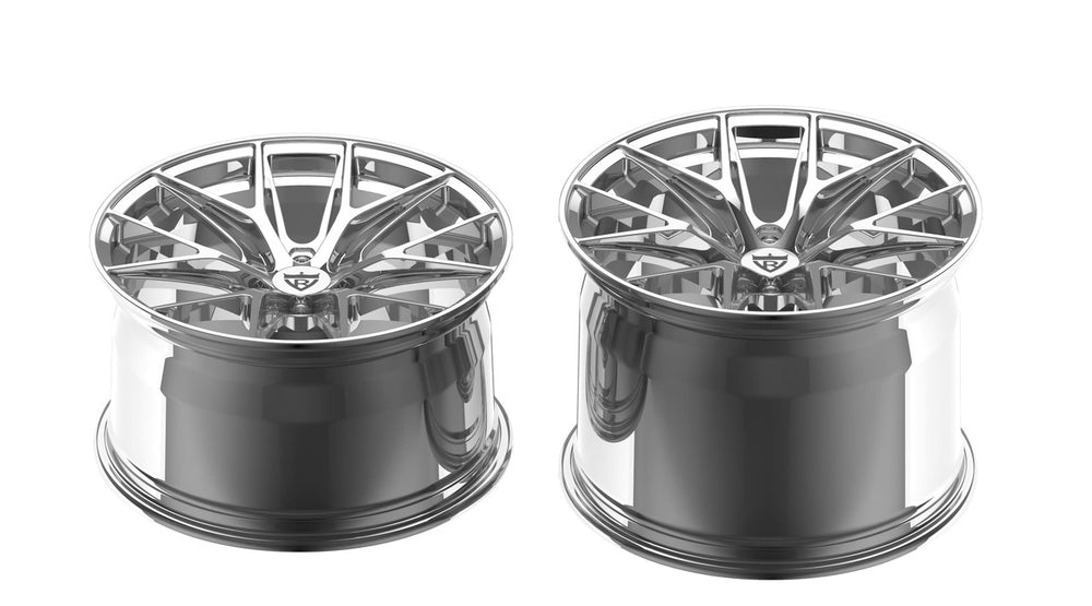 Two polished aluminum RVRN RV-MH051 forged wheels face-on on a grey studio background, 1990 Dodge Viper RT/10 custom set