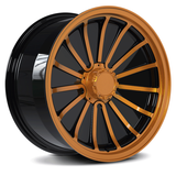 Custom copper and black forged monoblock wheel with intricate design for trucks, compatible with Toyota Tundra and deep dish style.