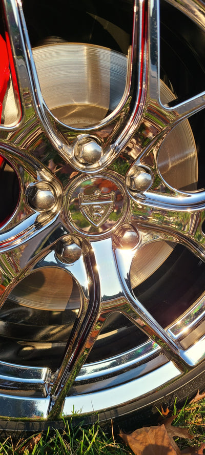 Side profile of 2020 Corvette C8 Z51 with RVRN RV-MR05 wheels, 19x8.5 & 20x11, chrome finish