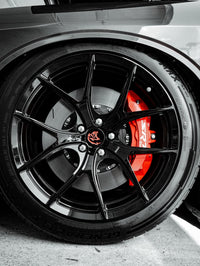 Close-up of 2023 Dodge Challenger Hellcat custom forged 20-inch staggered wheels with concave rims.