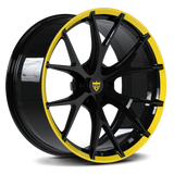 Custom forged 6-lug Y-spoke monoblock wheel for Dodge Ram 1500 and 2500, featuring black finish and yellow accents.