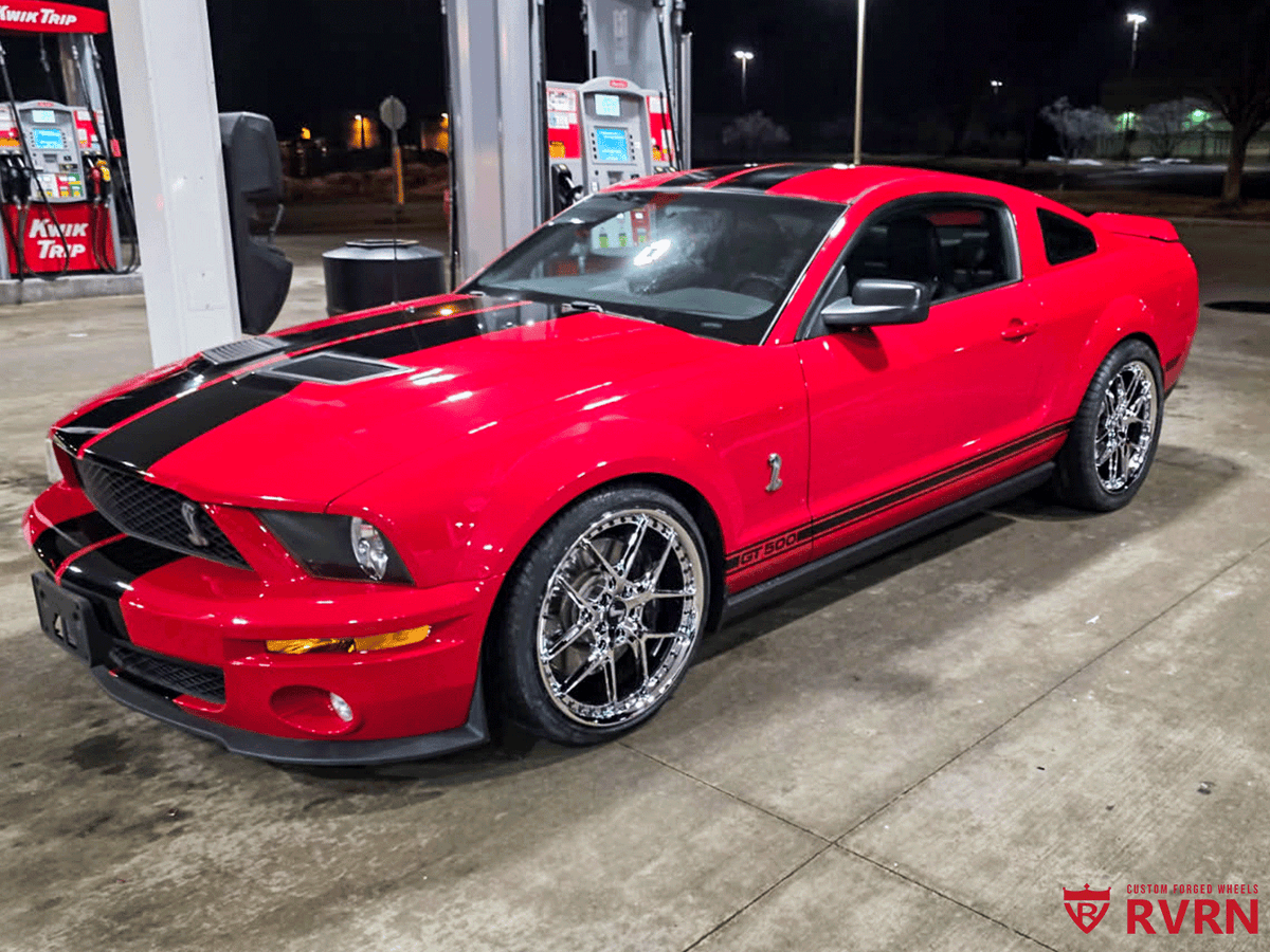 2008 Ford Mustang GT500 equipped with custom RVRN chrome MR08 wheels
