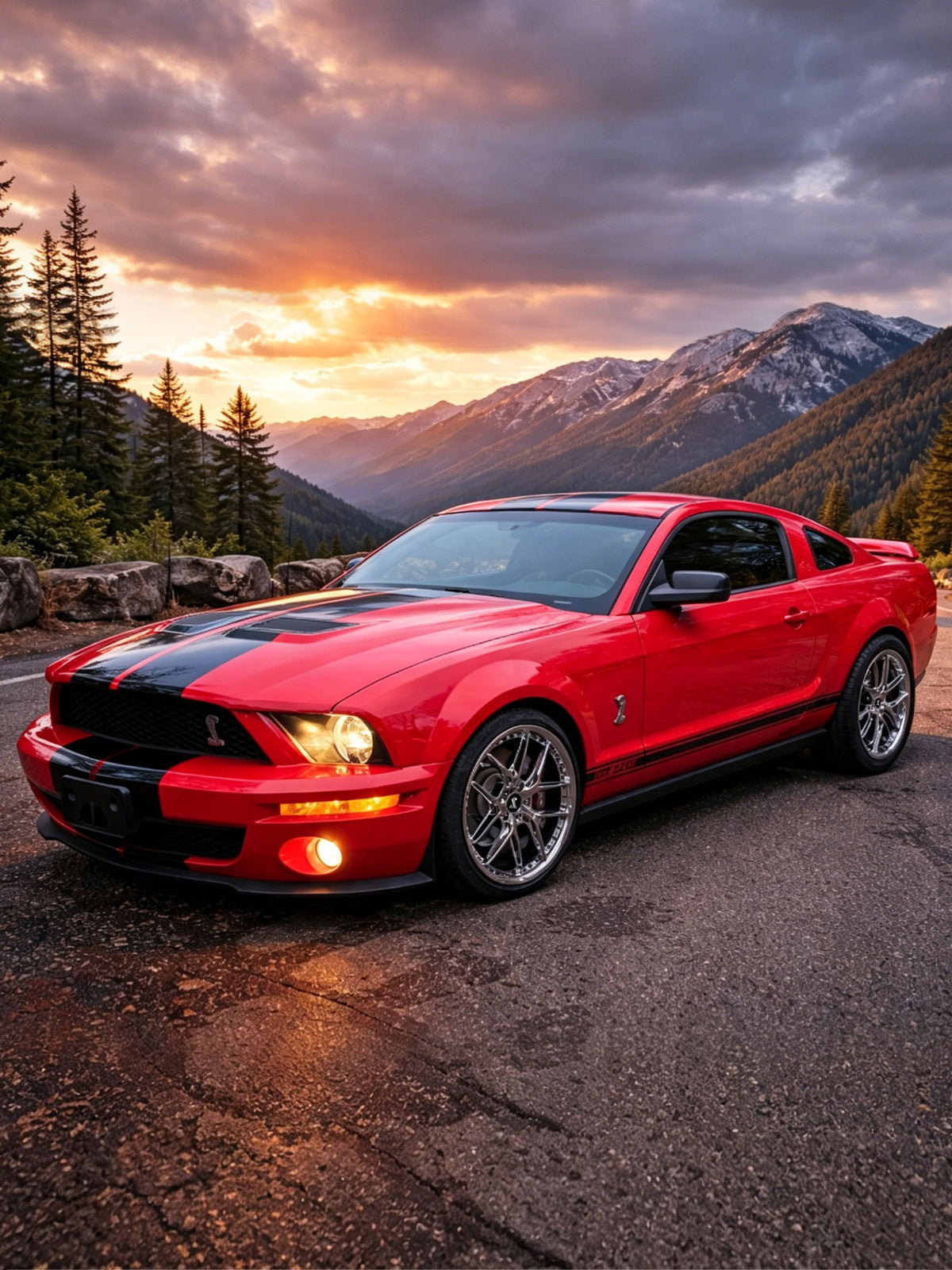 Red sports car on a mountain road with a sunset in the background
