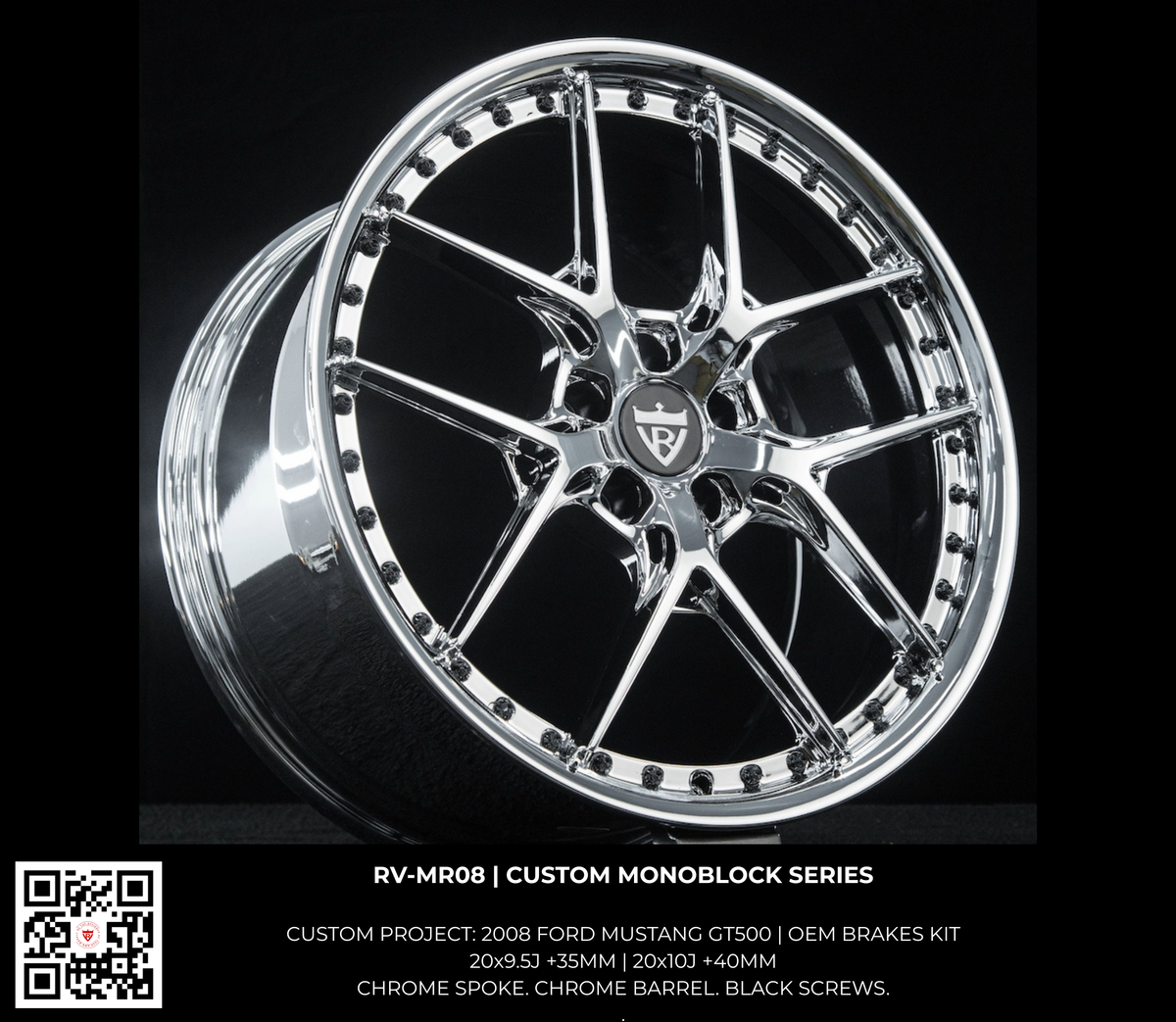 Chrome forged RVRN chrome wheels  rim with brand logo on a black background for 2008 Ford Mustang GT500