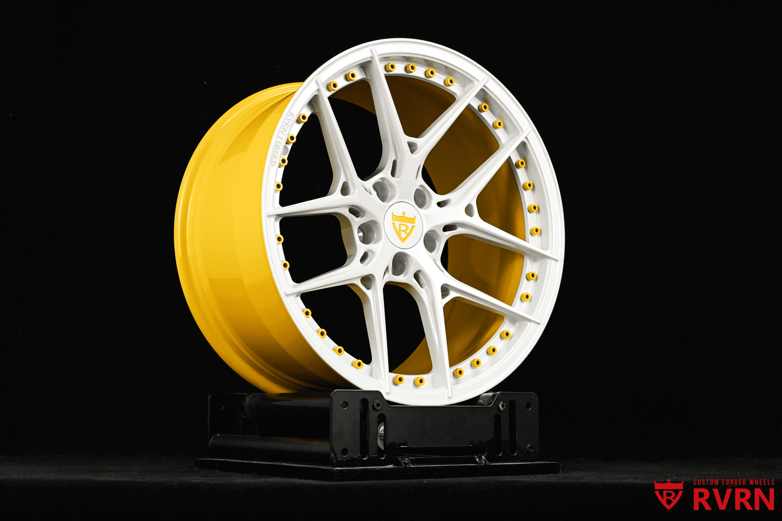 Custom designed yellow and white wheel for 2019 Ford Mustang, showcasing unique design and quality craftsmanship.