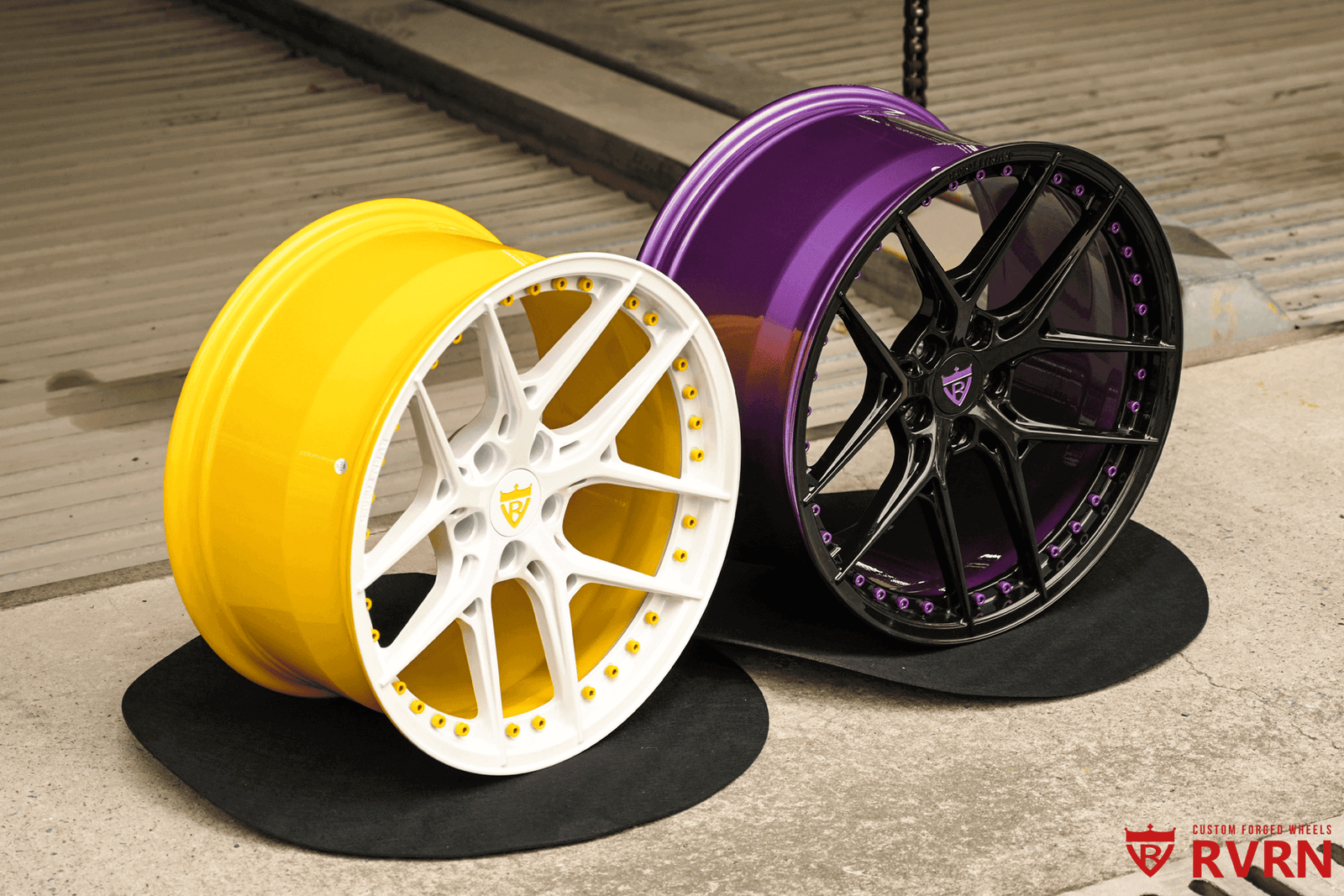 Custom yellow and purple wheels for Ford Mustang, showcasing unique designs for 2019 Mustang wheels.