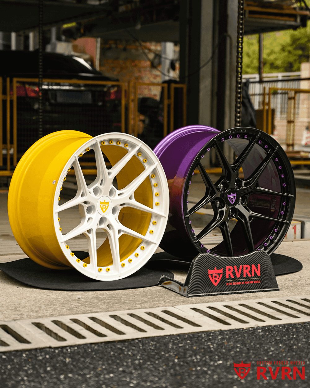 Custom wheels for 2019 Ford Mustang in vibrant colors, showcasing unique designs from RVRN.