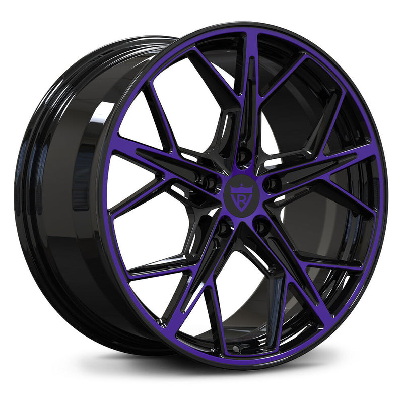 Custom forged 1-piece wheels in black and purple for C7 Corvette aftermarket upgrades.