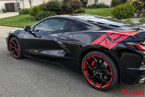 Corvette C8 forged wheels 19x8.5 20x11 MS016 close up gloss black spokes red trim