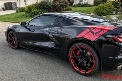 Corvette C8 forged wheels 19x8.5 20x11 MS016 close up gloss black spokes red trim