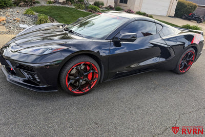 2023 Corvette C8 Stingray MS016 forged wheels gloss black RVRN red 19x8.5 20x11 front side view