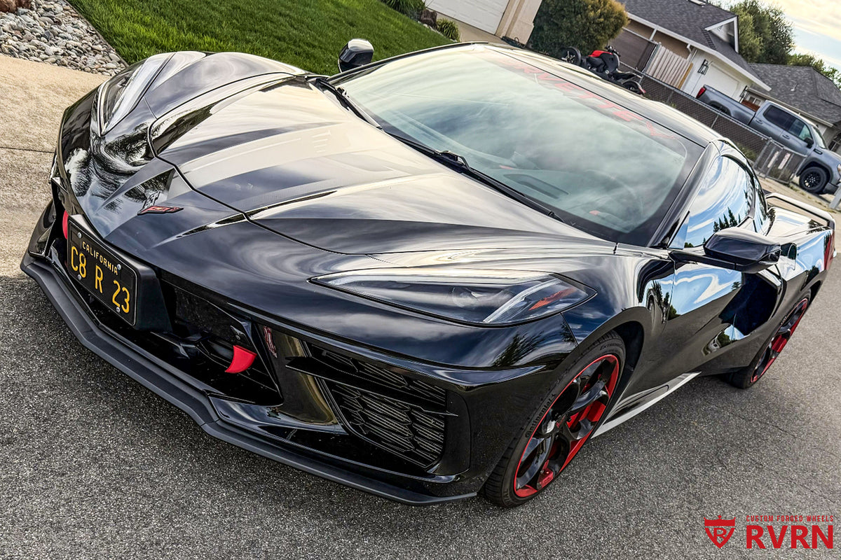 Corvette C8 custom forged wheels red and black MS016 19x8.5 20x11 front angle fitment