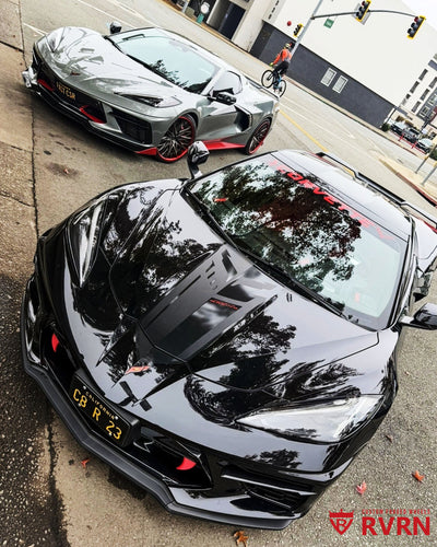 Corvette C8 MS016 forged wheels detail red accents gloss black finish concave design