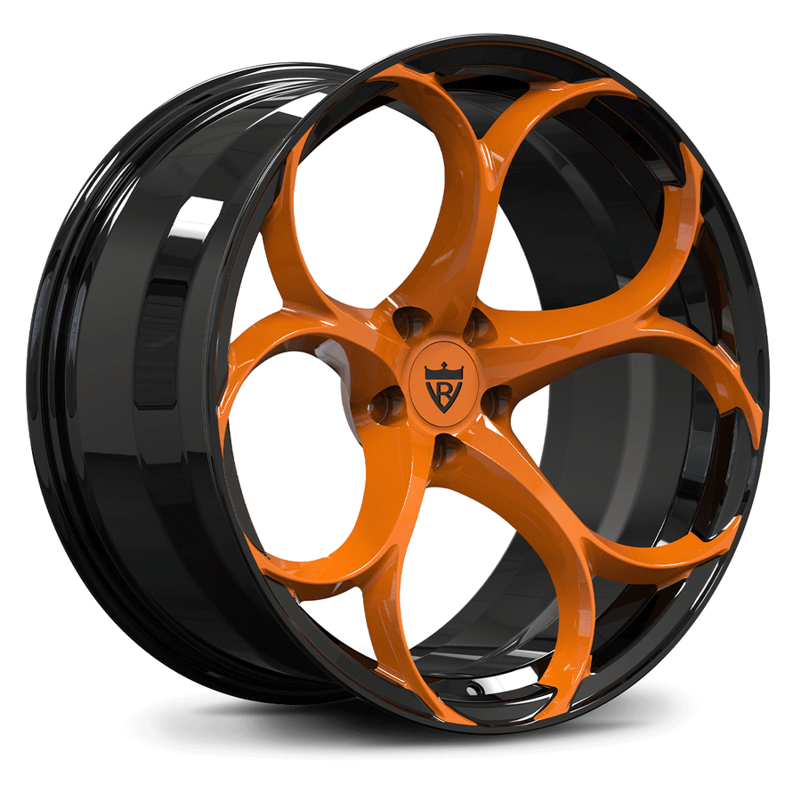 Custom forged 22" monoblock wheel in black and orange finish, ideal for Corvette aftermarket rims and performance upgrades.