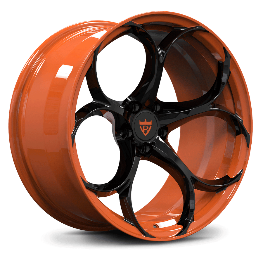 Custom forged monoblock wheel in orange and black finish, ideal for corvette aftermarket rims and performance applications.