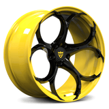 Custom forged yellow and black monoblock wheel, designed for corvette aftermarket performance upgrades.