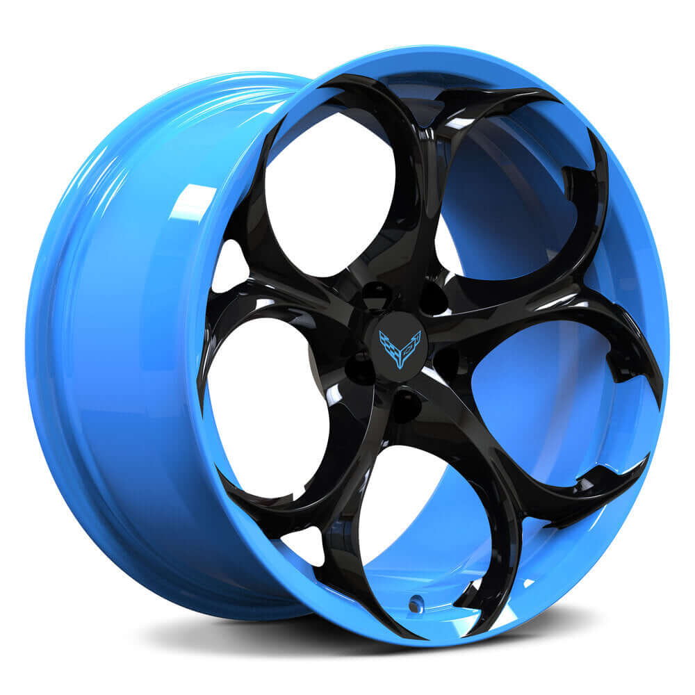 Custom forged monoblock wheel in blue and black, compatible with Corvette C8 and aftermarket performance rims.