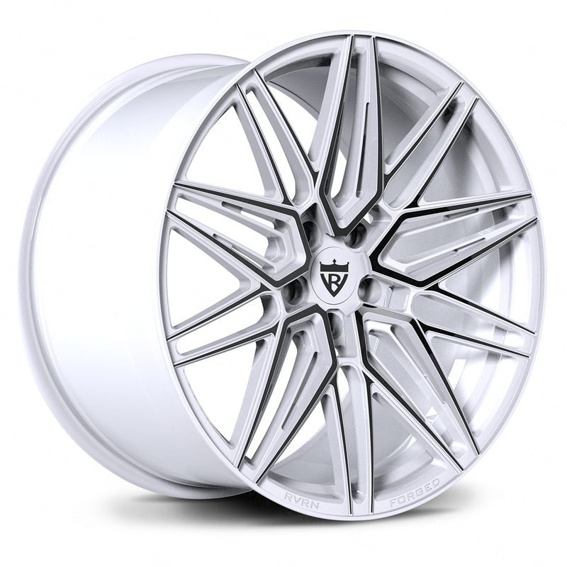 Tesla custom wheels with 21inch staggered size, gloss white and black color. Perfect rims for your Tesla Model Y, 3, x and s-RVRN Custom Forged Monoblock Wheels 