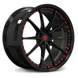 RVRN RV-MY26 custom forged wheel showing gloss black and gloss red two-tone finish combination