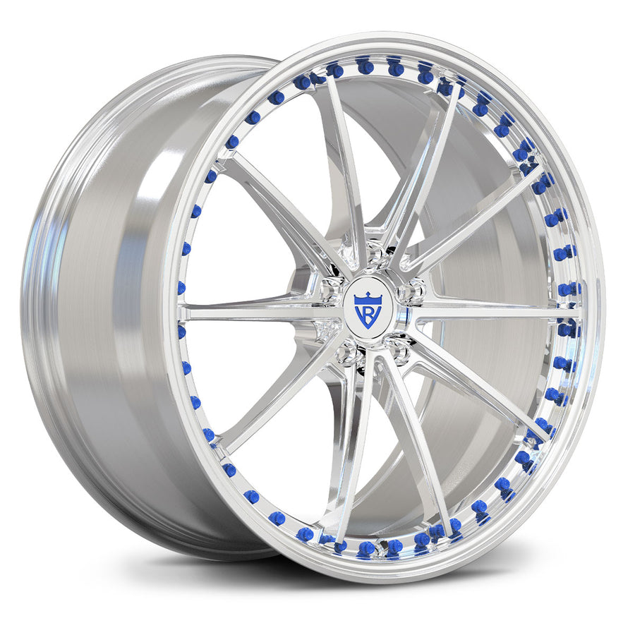 RVRN RV-MY26 forged monoblock 10-spoke wheel polished finish with blue accents for Tesla Model Y